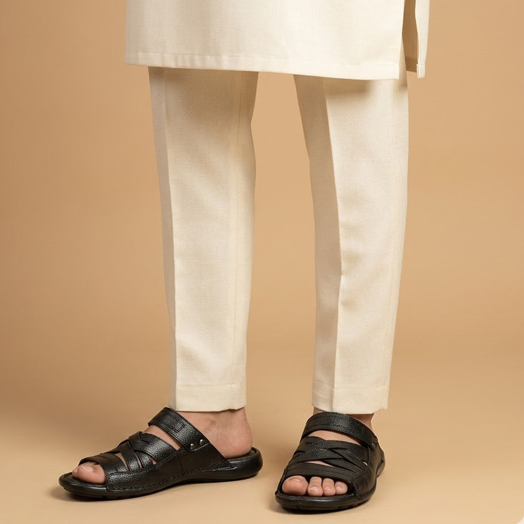 Black Leather Cross-Strap Slippers