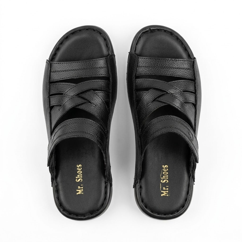 Black Leather Cross-Strap Slippers