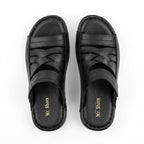Black Leather Cross-Strap Slippers