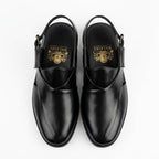 Black Leather Slingback Shoes with Gold Embossed Logo