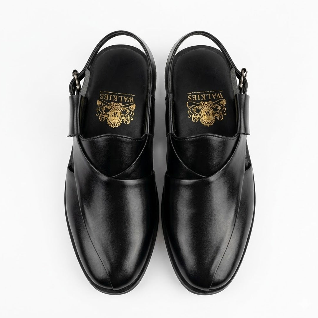 Black Leather Slingback Shoes with Gold Embossed Logo