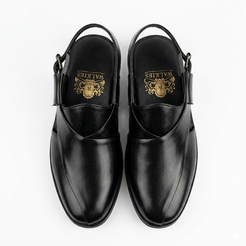 Black Leather Slingback Shoes with Gold Embossed Logo