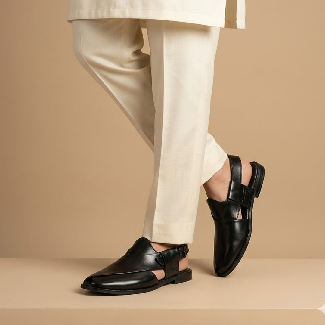 Black Leather Slingback Shoes with Gold Embossed Logo