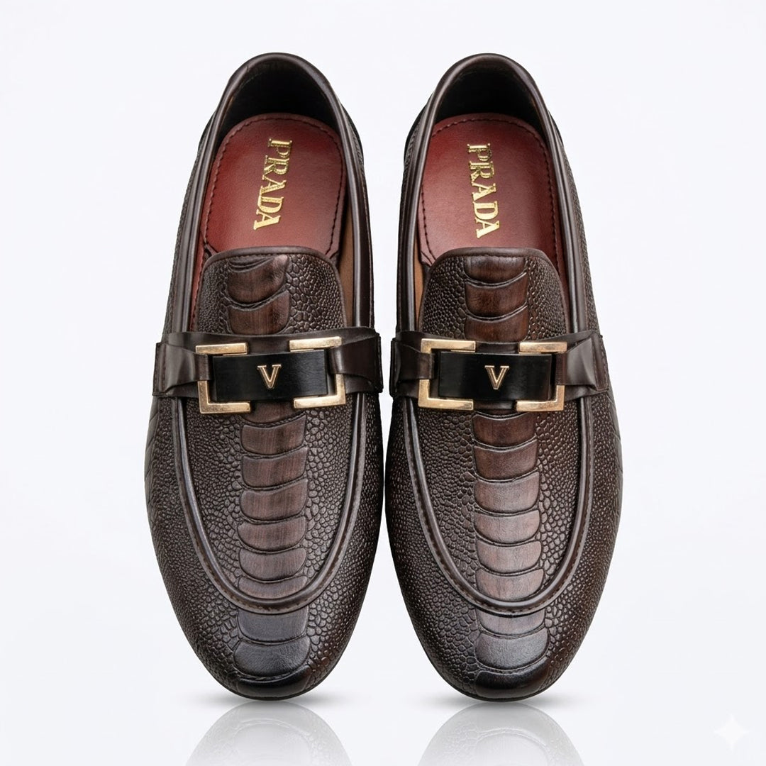 Elegant Brown Textured Leather Loafers