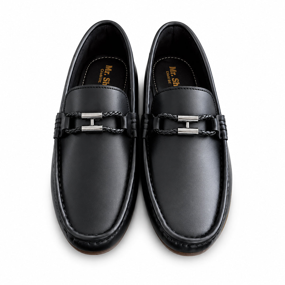 Black Leather Loafers with Braided Metal Accents