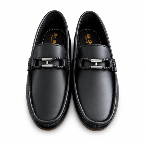 Black Leather Loafers with Braided Metal Accents