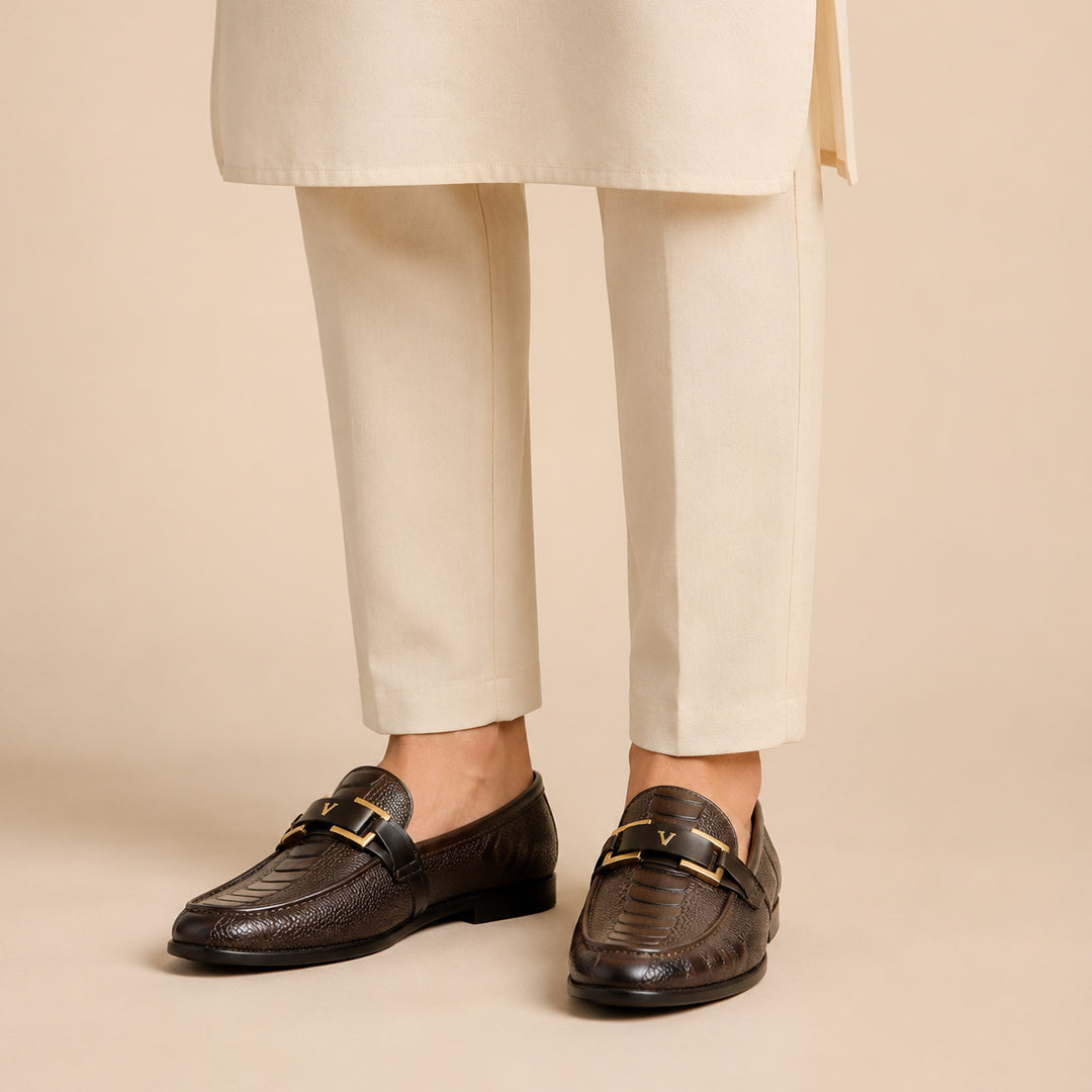 Elegant Brown Textured Leather Loafers
