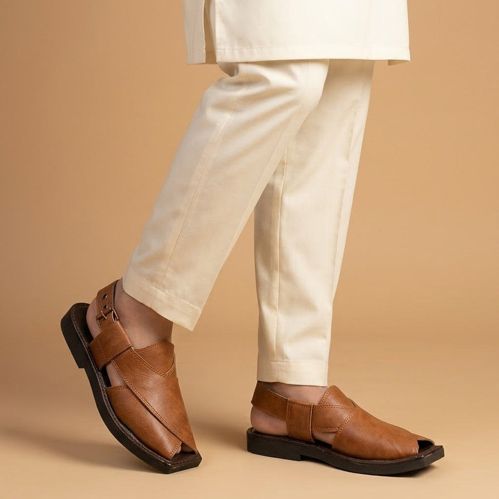 Tan Leather Slingback Shoes with Distinct Cross-Over Design