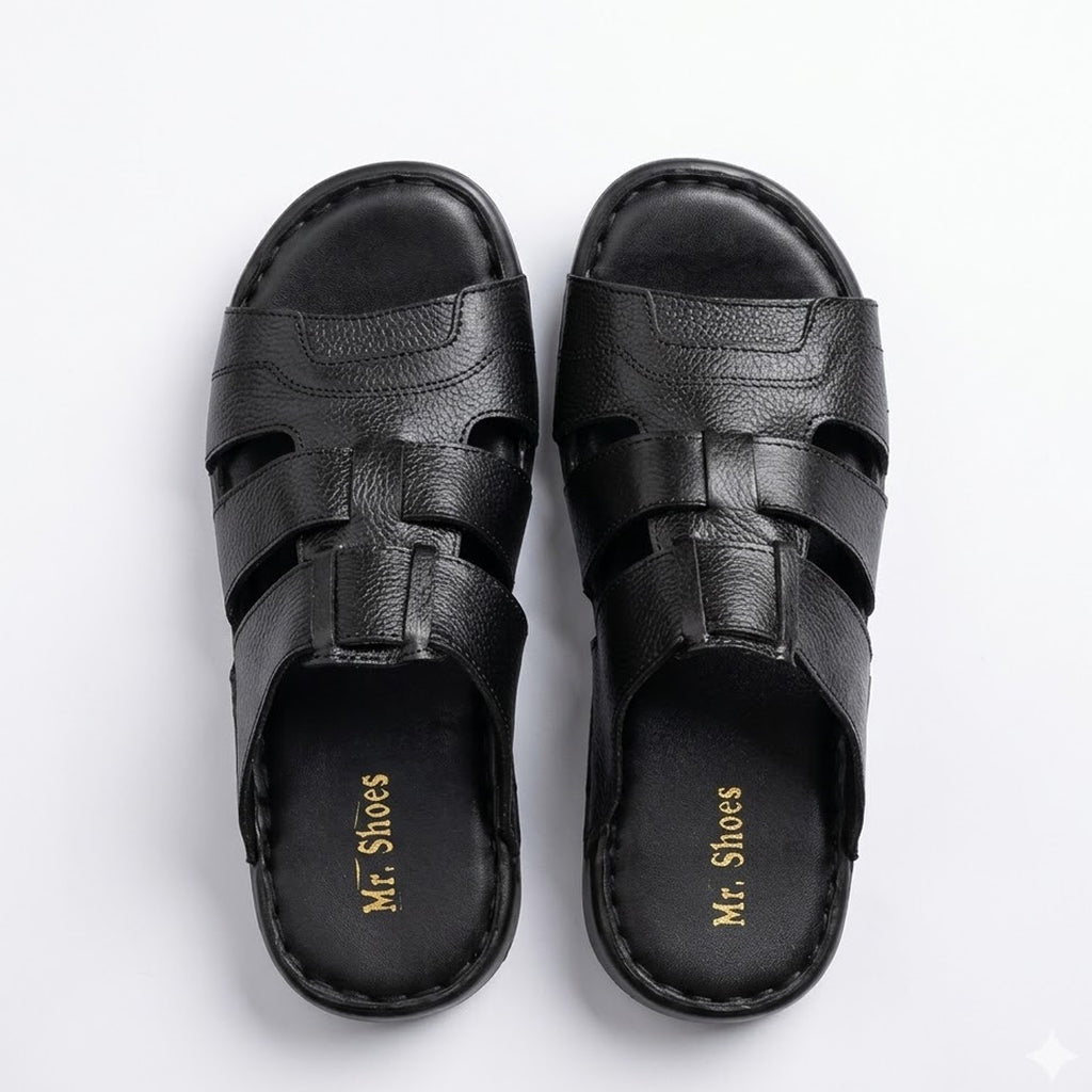 Black Leather Open-Toe Slippers with Cross-Straps