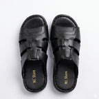 Black Leather Open-Toe Slippers with Cross-Straps