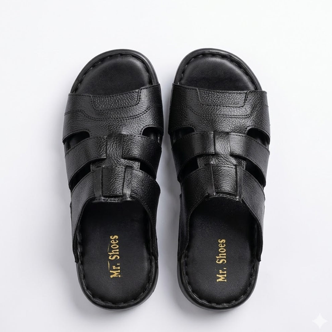 Black Leather Open-Toe Slippers with Cross-Straps