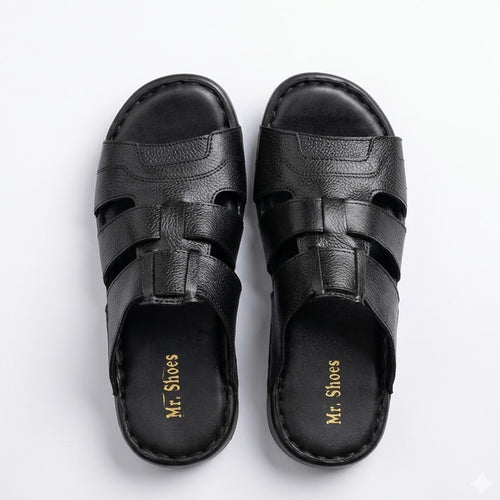 Black Leather Open-Toe Slippers with Cross-Straps