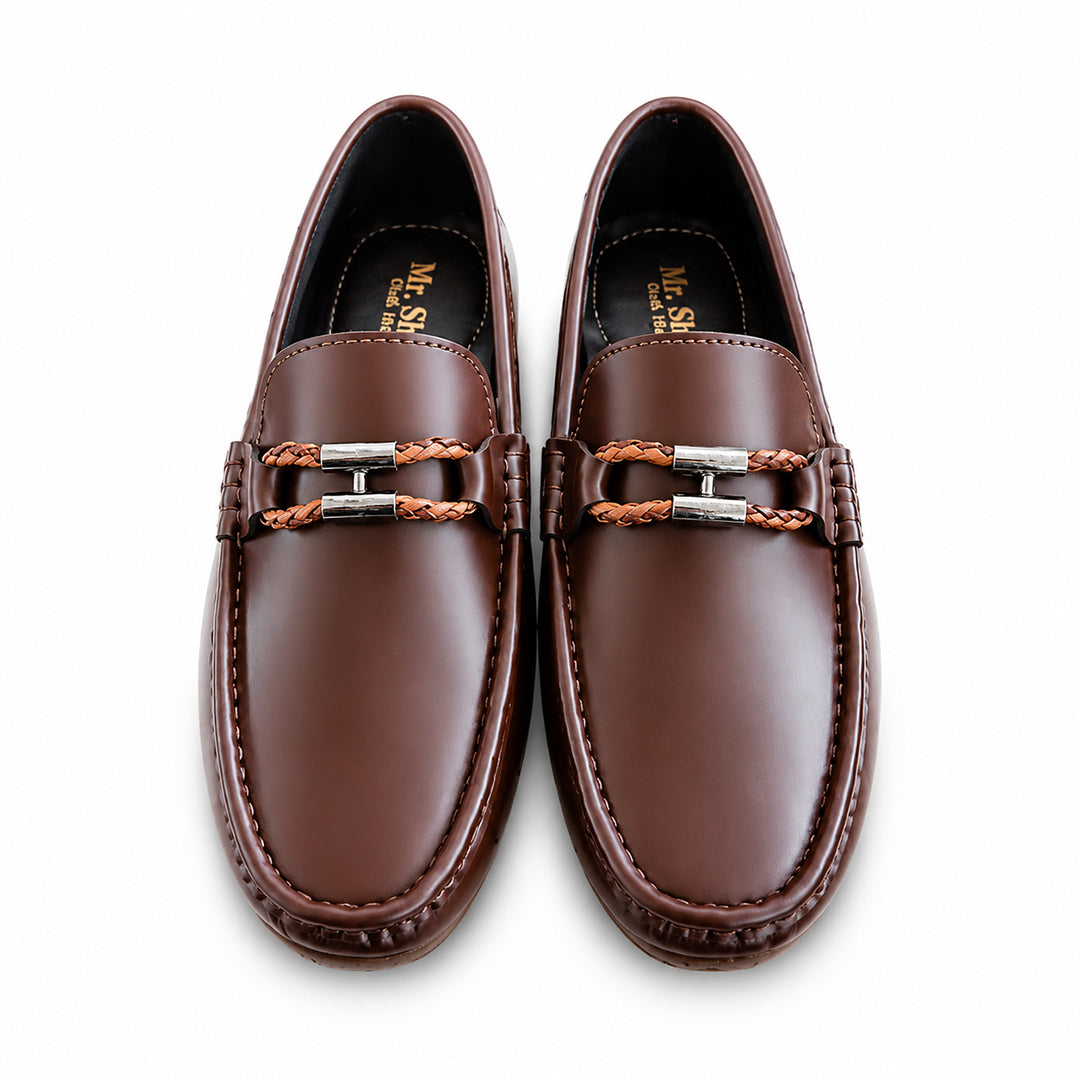 Brown Leather Loafers with Braided Metal Accents