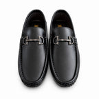 Black Leather Loafers with Silver Horsebit Detail