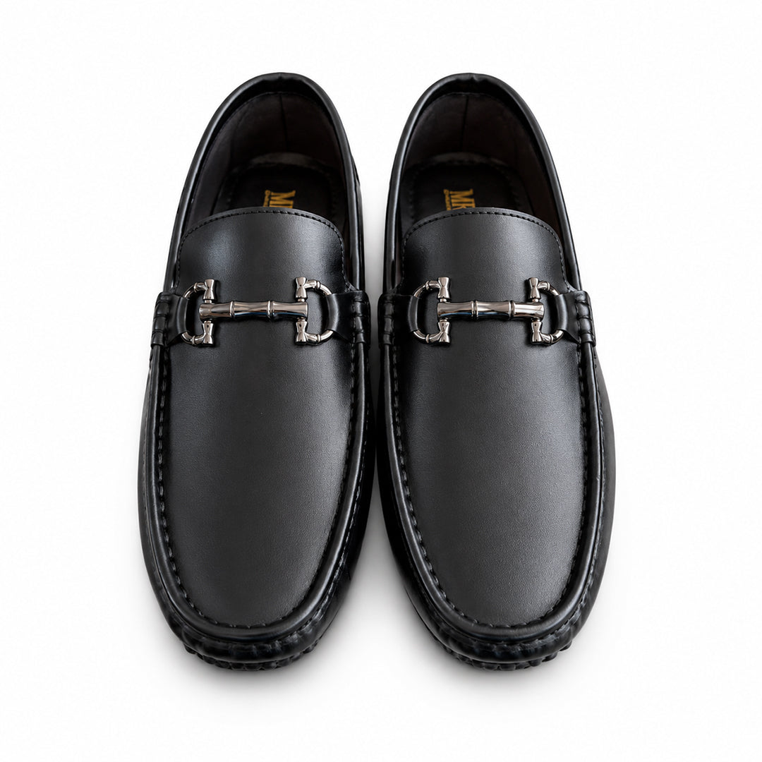 Black Leather Loafers with Silver Horsebit Detail