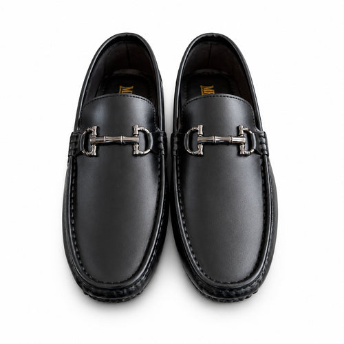 Black Leather Loafers with Silver Horsebit Detail