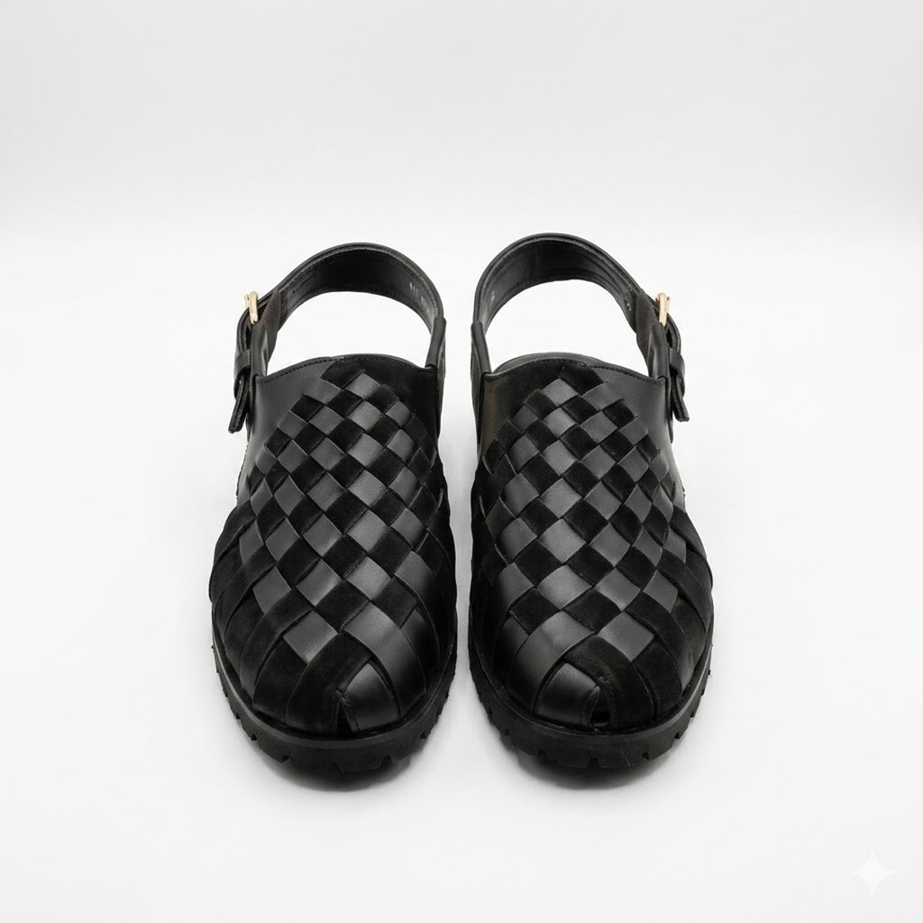 Black Woven Leather Sandals with Adjustable Buckle