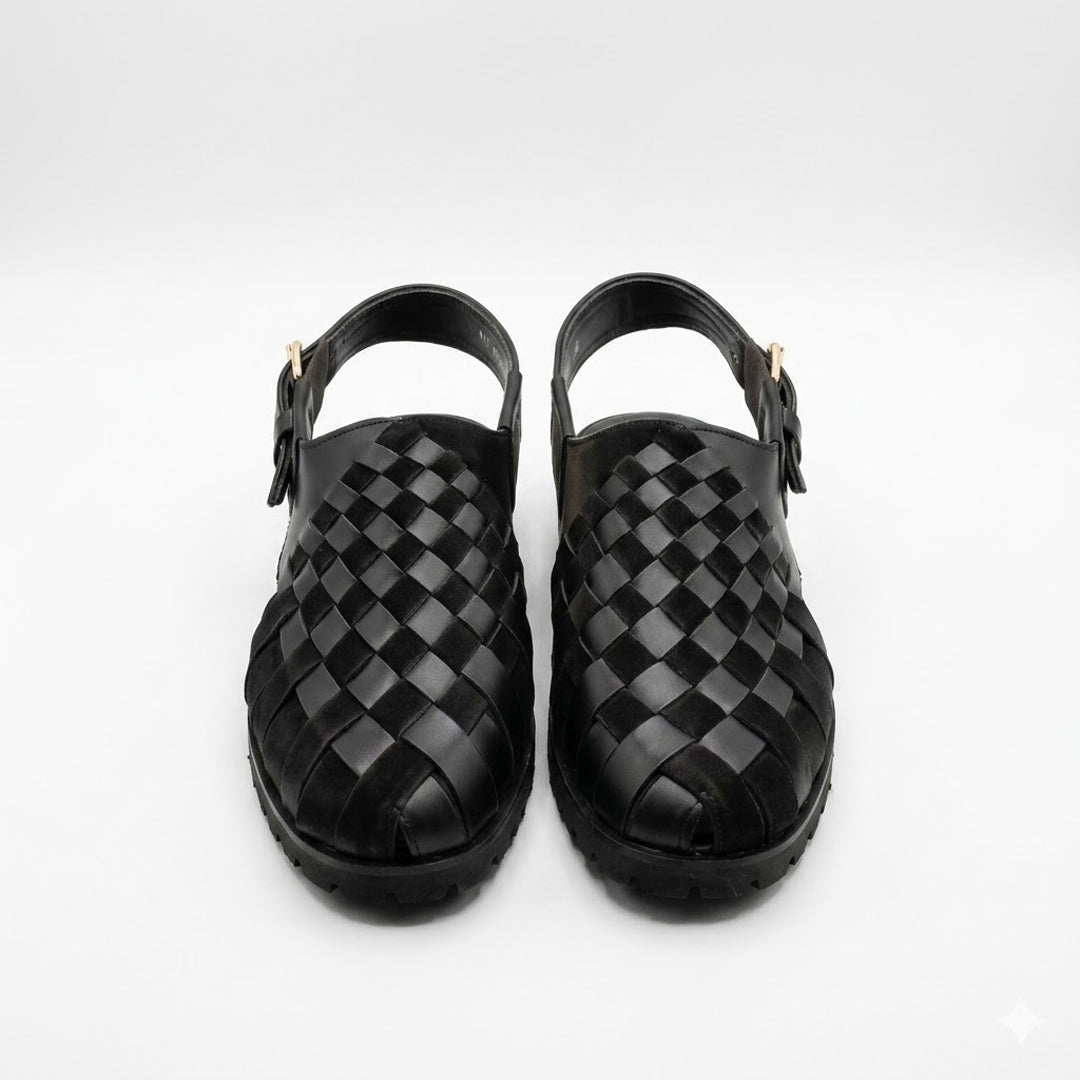 Black Woven Leather Sandals with Adjustable Buckle