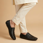 Black Slip-On Shoes with Diamond Perforated Design