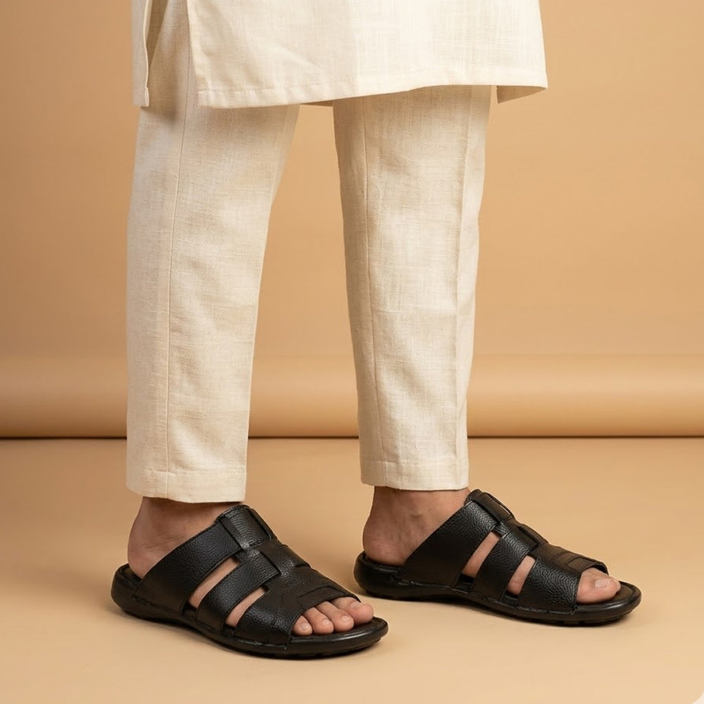 Black Leather Open-Toe Slippers with Cross-Straps