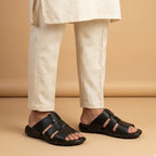 Black Leather Open-Toe Slippers with Cross-Straps