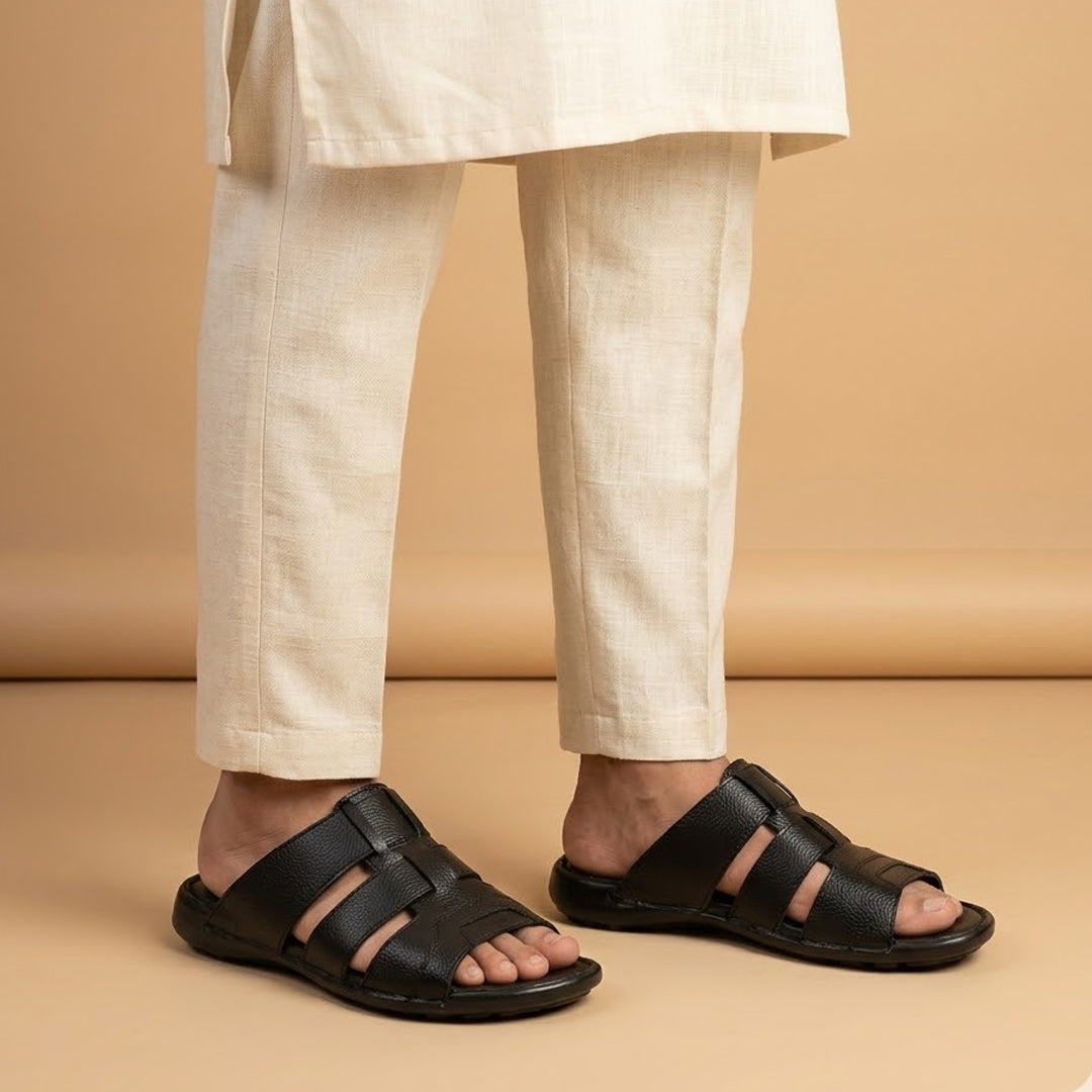 Black Leather Open-Toe Slippers with Cross-Straps