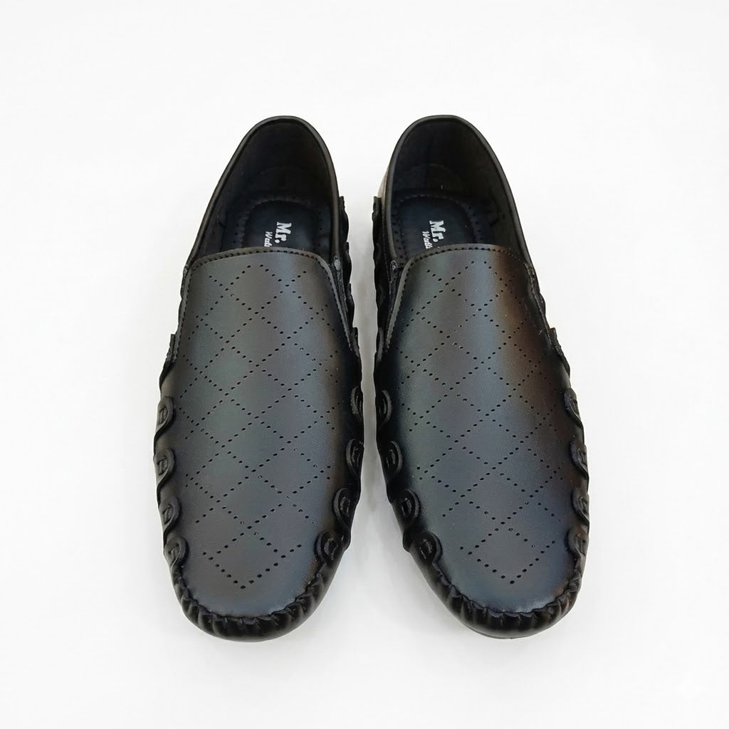 Black Slip-On Shoes with Diamond Perforated Design