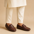 Brown Leather Loafers with Braided Metal Accents