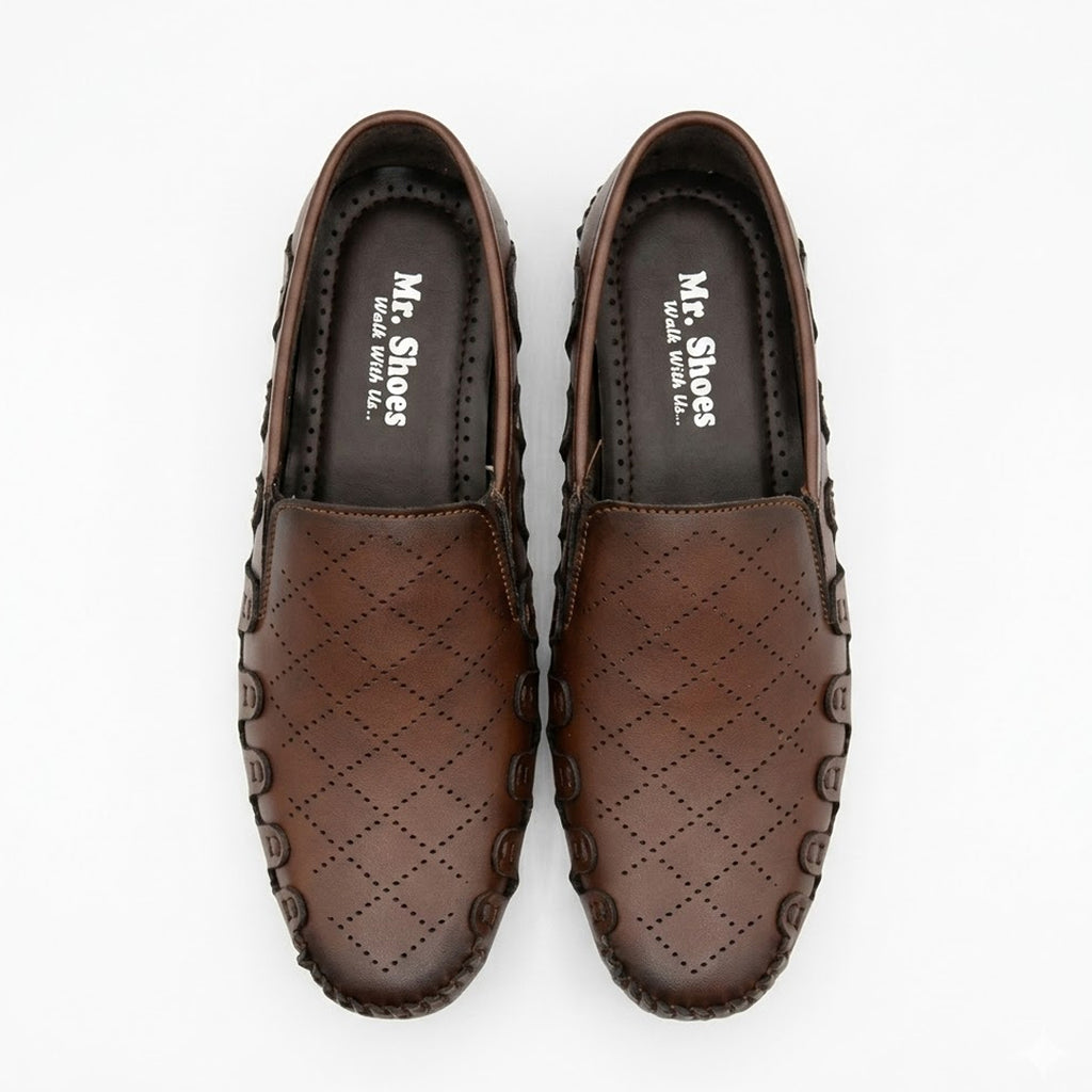 Brown Slip-On Shoes with Diamond Perforated Design