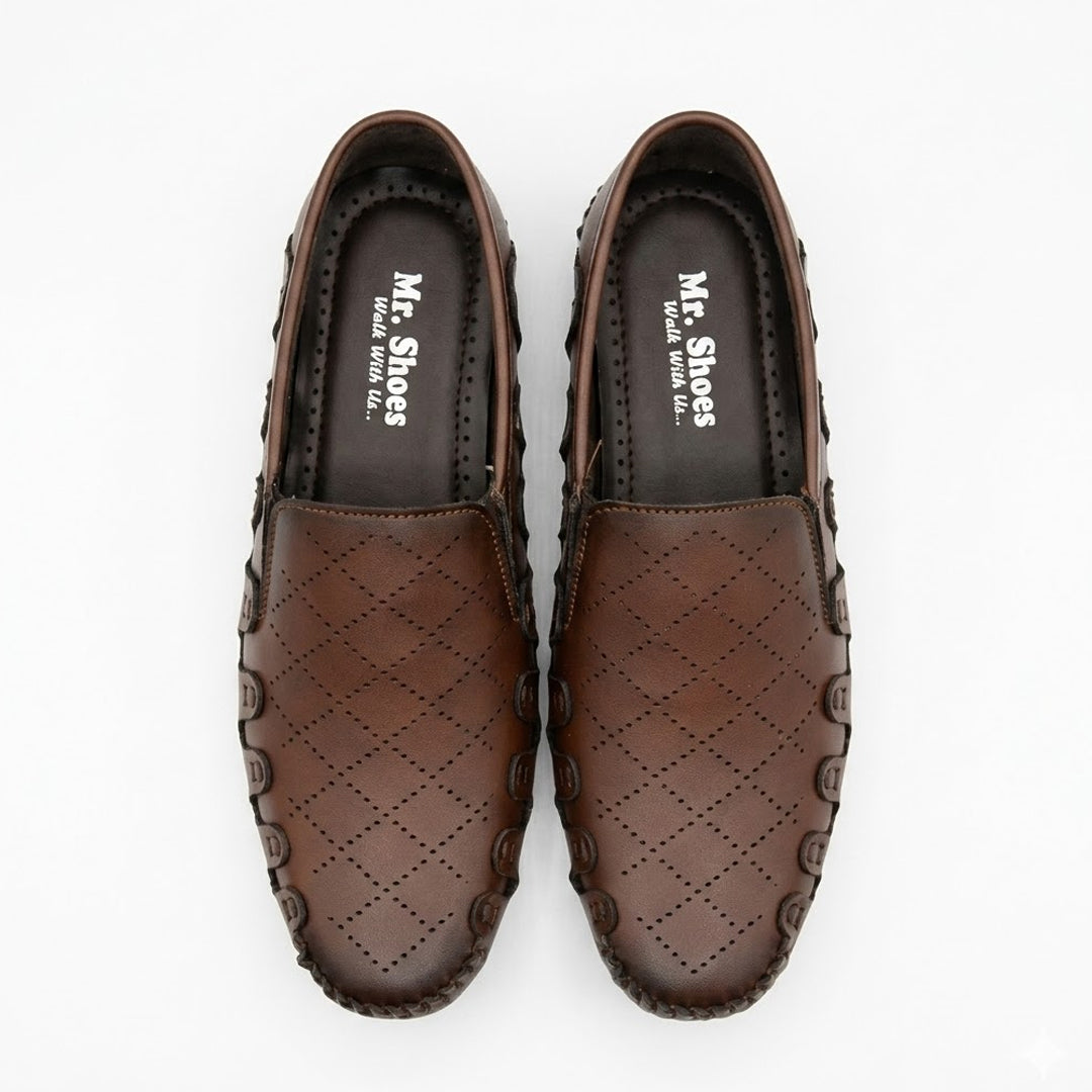 Brown Slip-On Shoes with Diamond Perforated Design