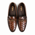 Brown Woven Leather Loafers with Chain Detail