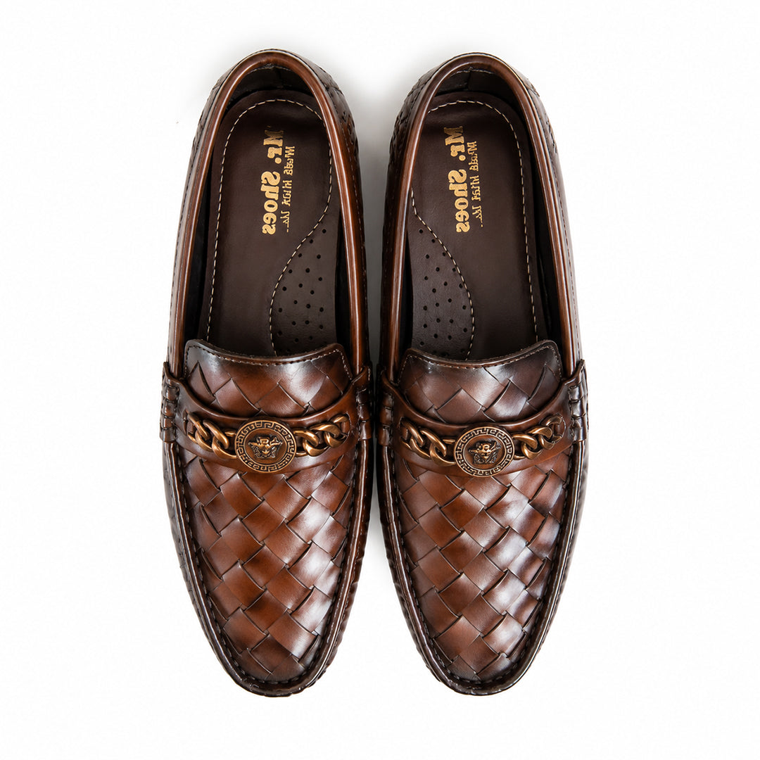 Brown Woven Leather Loafers with Chain Detail