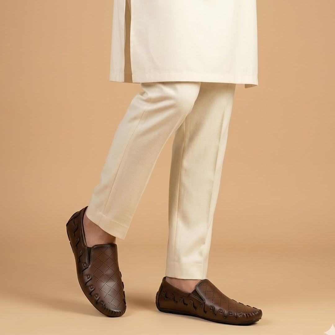 Brown Slip-On Shoes with Diamond Perforated Design