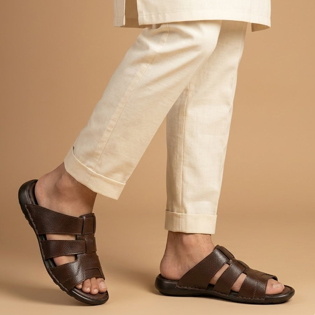 Brown Leather Open-Toe Slippers with Cross-Straps