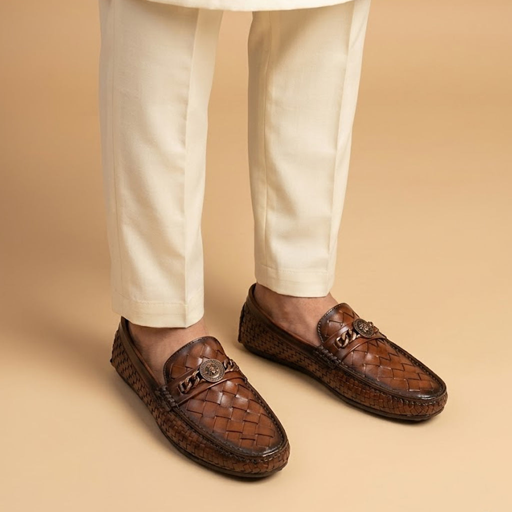 Brown Woven Leather Loafers with Chain Detail