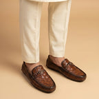 Brown Woven Leather Loafers with Chain Detail
