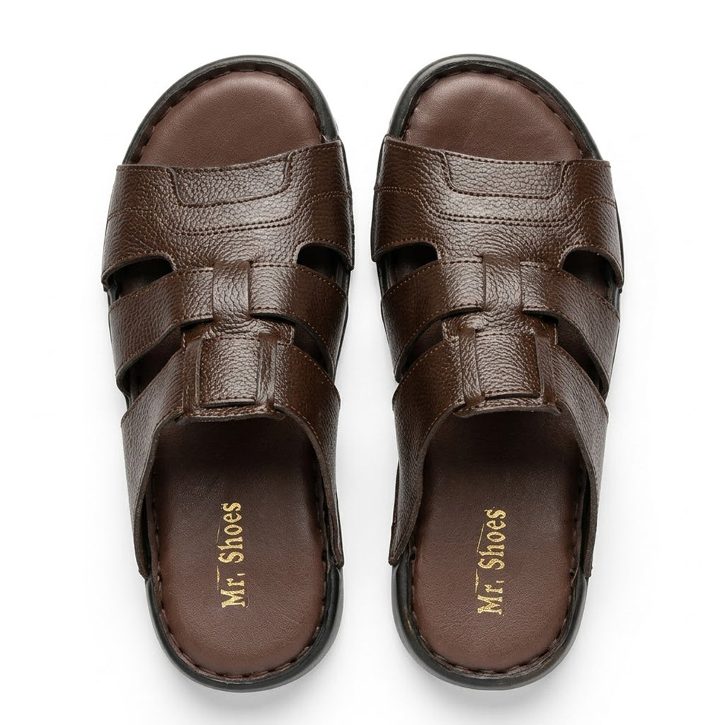Brown Leather Open-Toe Slippers with Cross-Straps