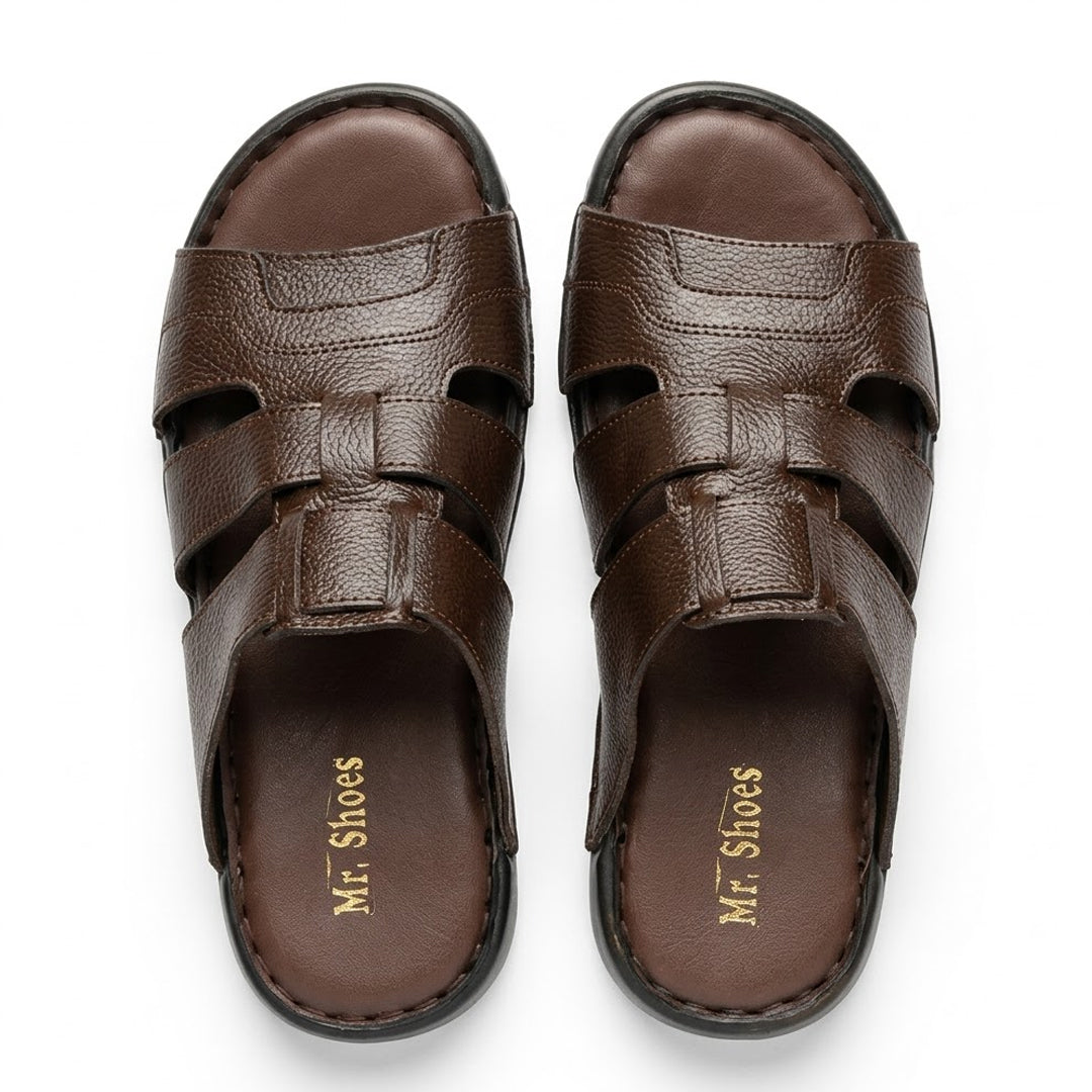Brown Leather Open-Toe Slippers with Cross-Straps