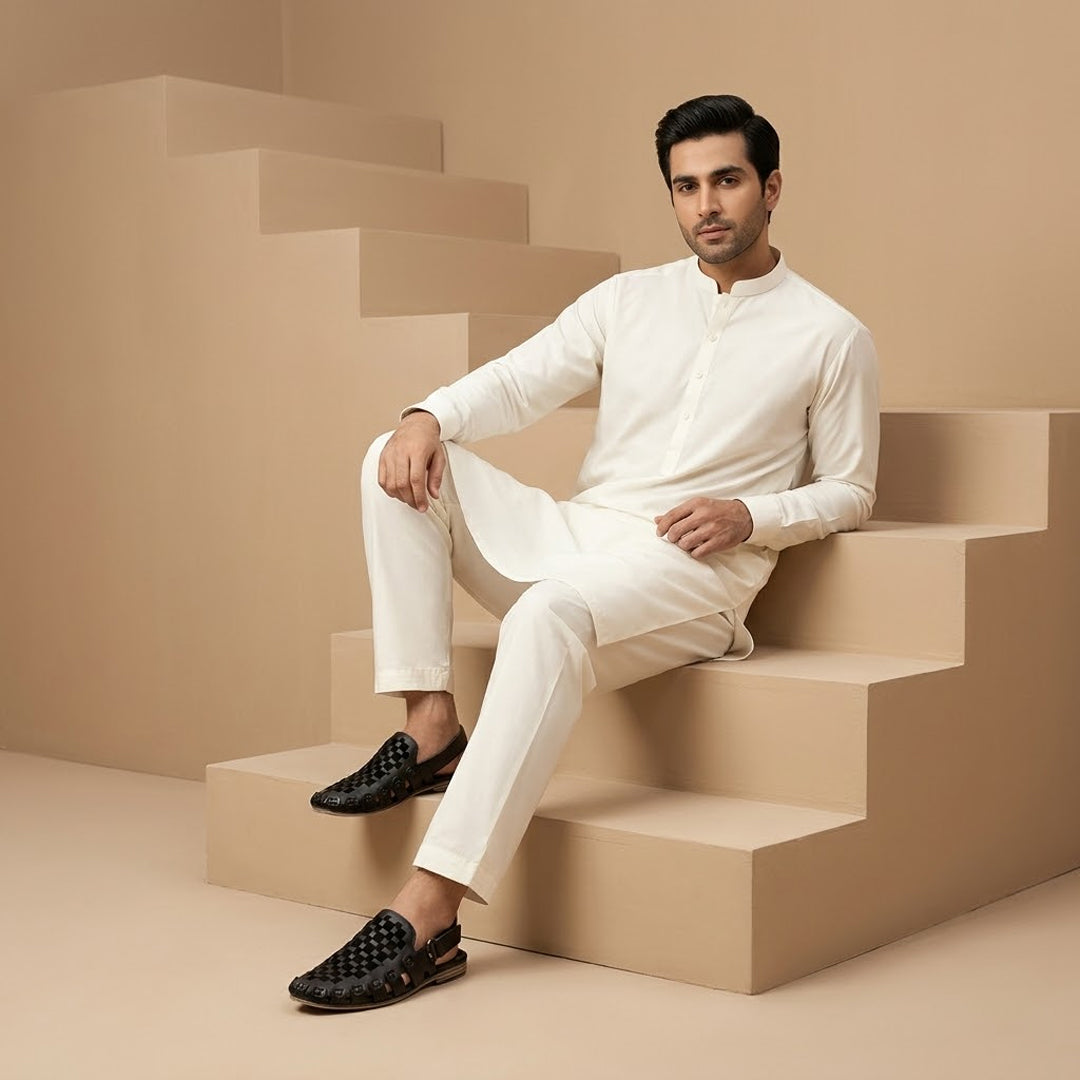 Black Woven Slip-On Shoes with Textured Design