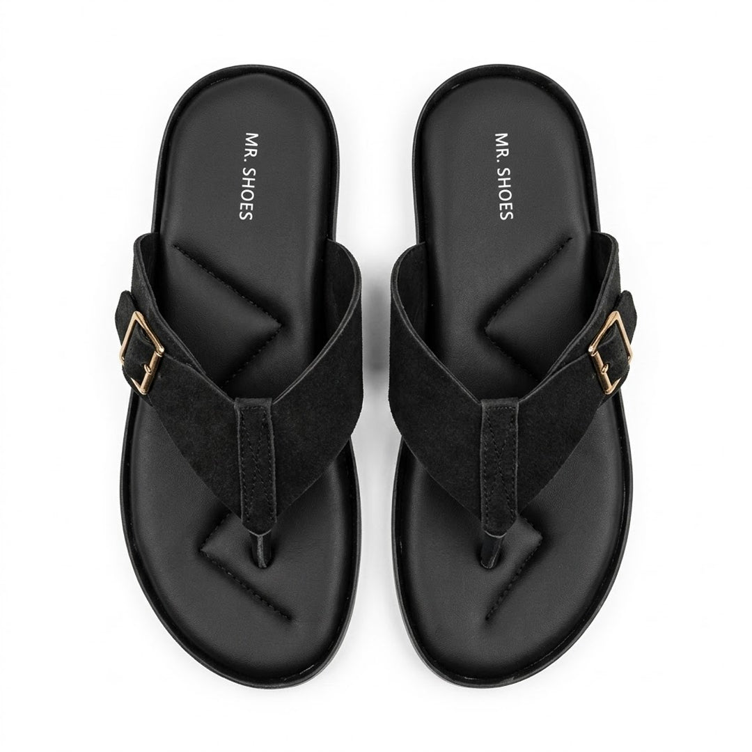 Black Suede Thong Sandals with Buckle Detail