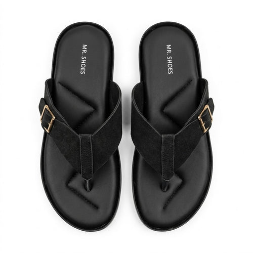 Black Suede Thong Sandals with Buckle Detail
