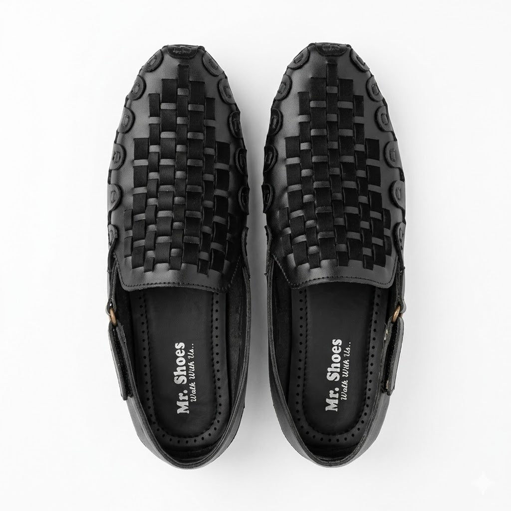 Black Woven Slip-On Shoes with Textured Design