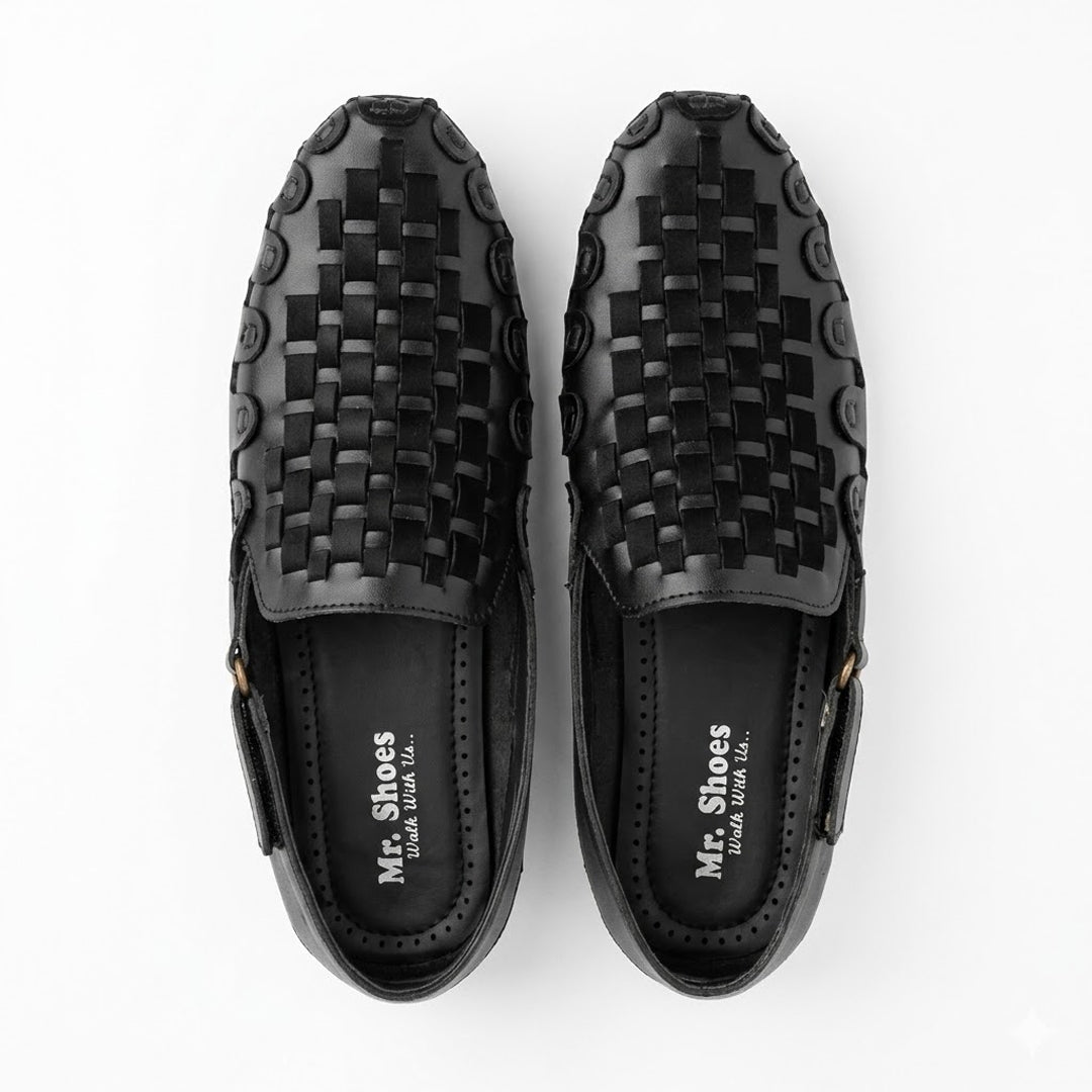 Black Woven Slip-On Shoes with Textured Design