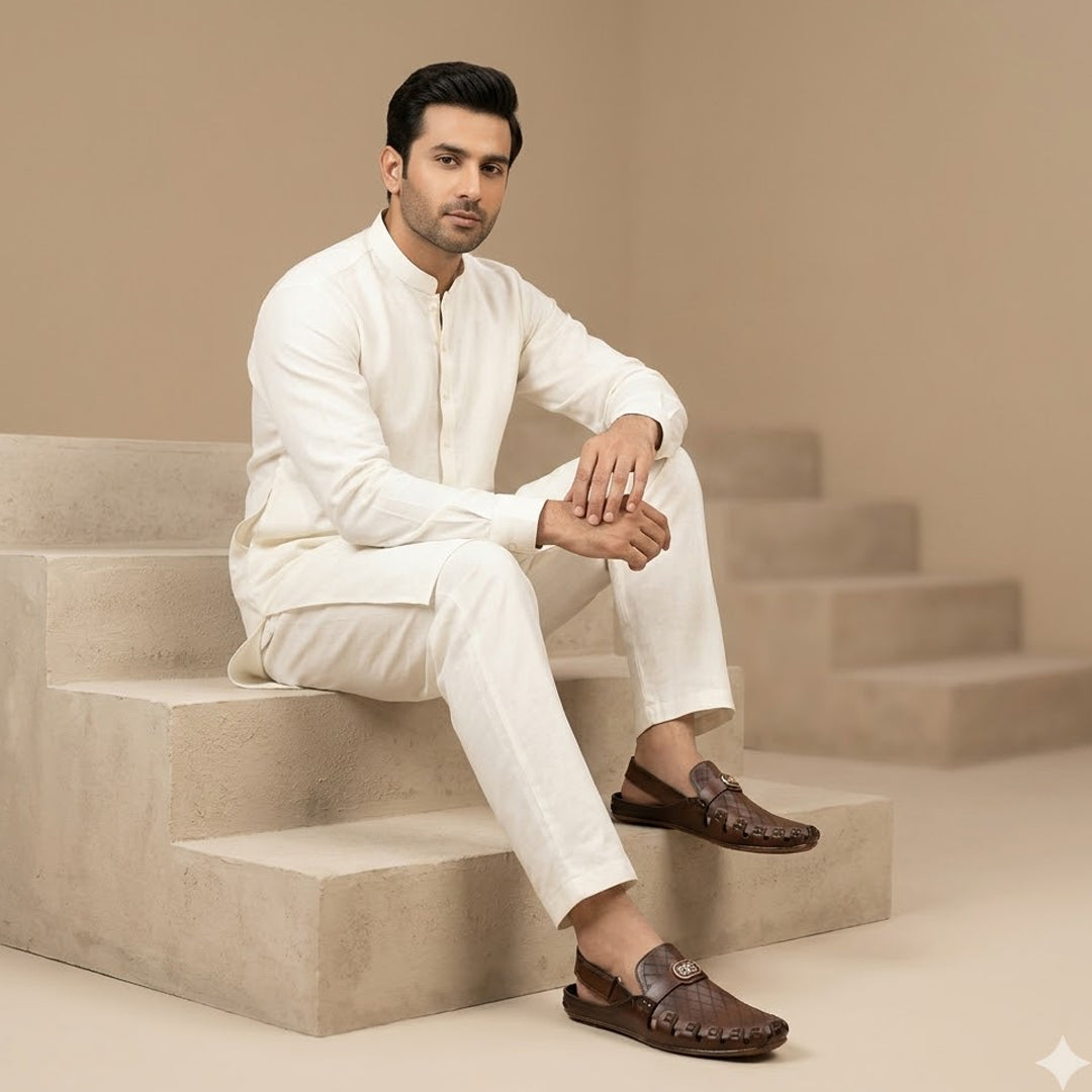 Brown Leather Slip-On Shoes with Quilted Design