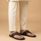 Brown Suede Thong Slippers with Buckle Detail