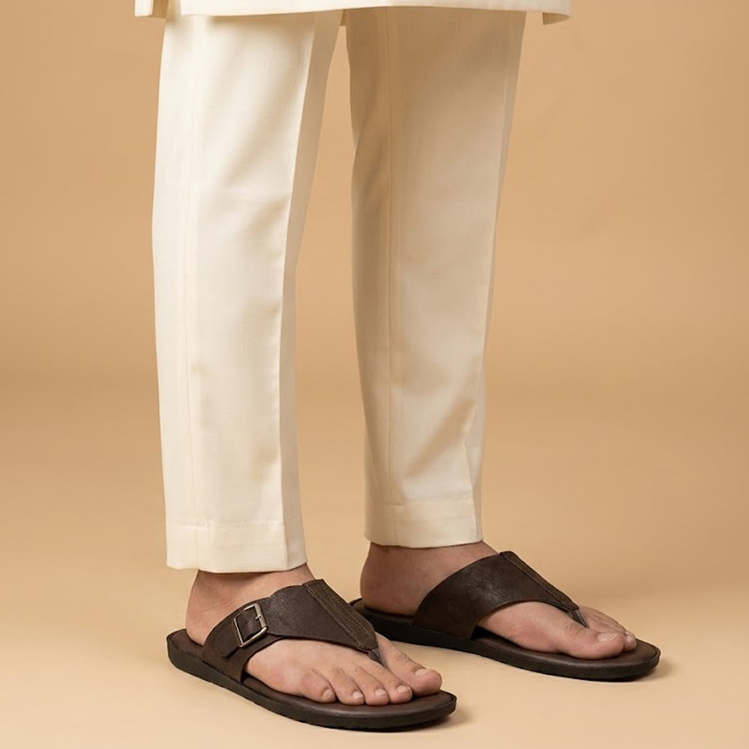 Brown Suede Thong Slippers with Buckle Detail
