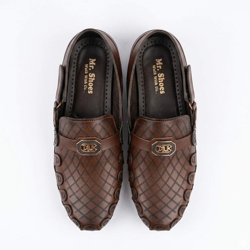 Brown Leather Slip-On Shoes with Quilted Design