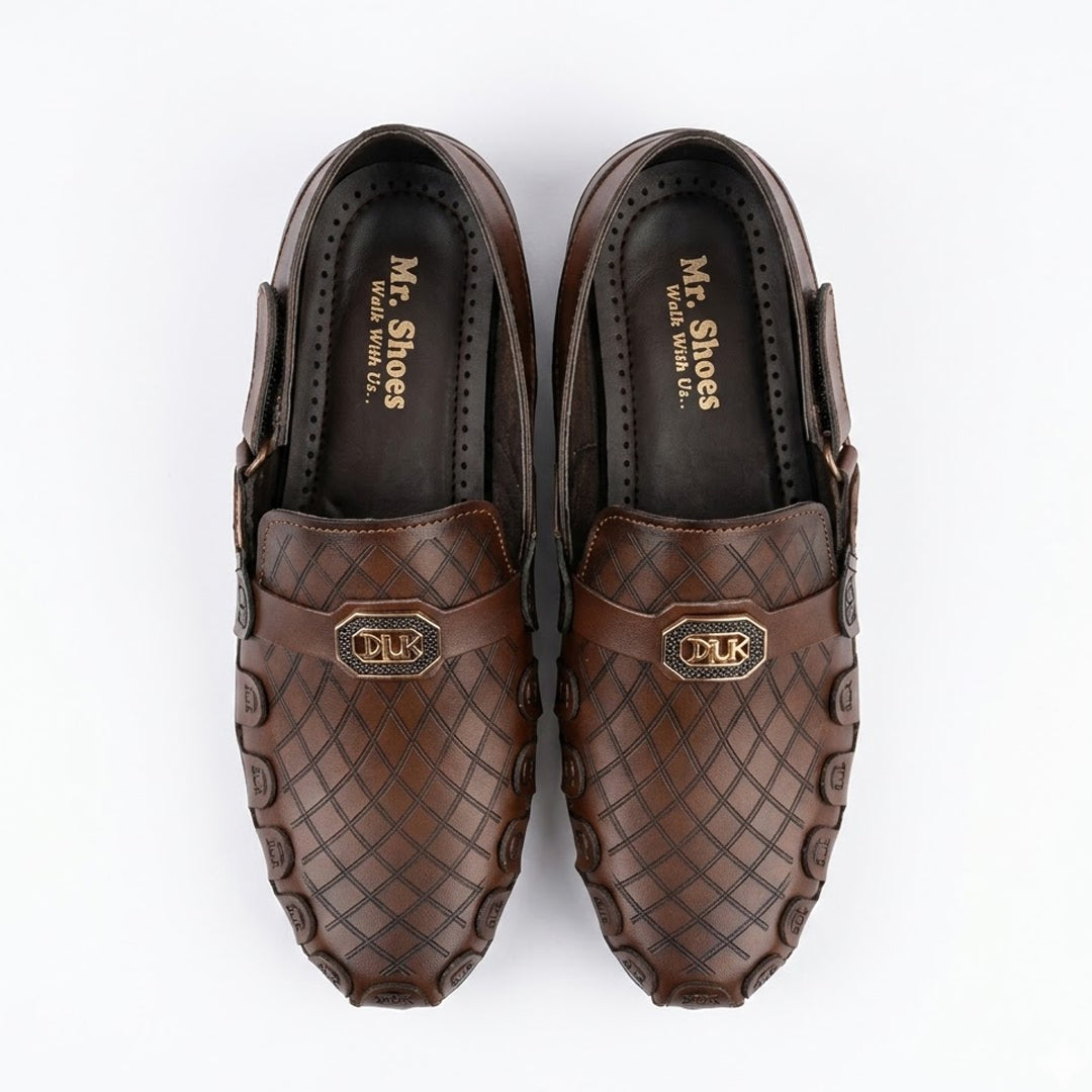Brown Leather Slip-On Shoes with Quilted Design