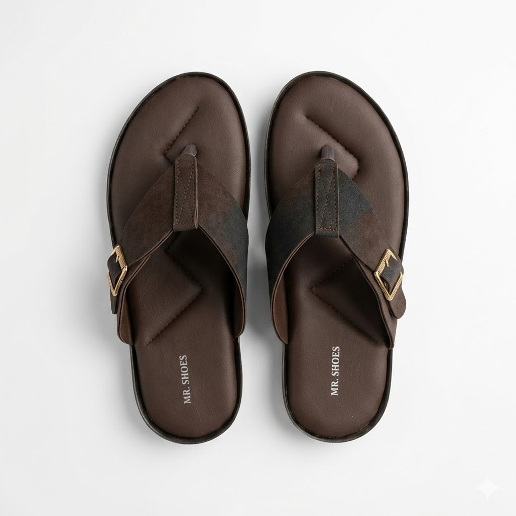 Brown Suede Thong Slippers with Buckle Detail