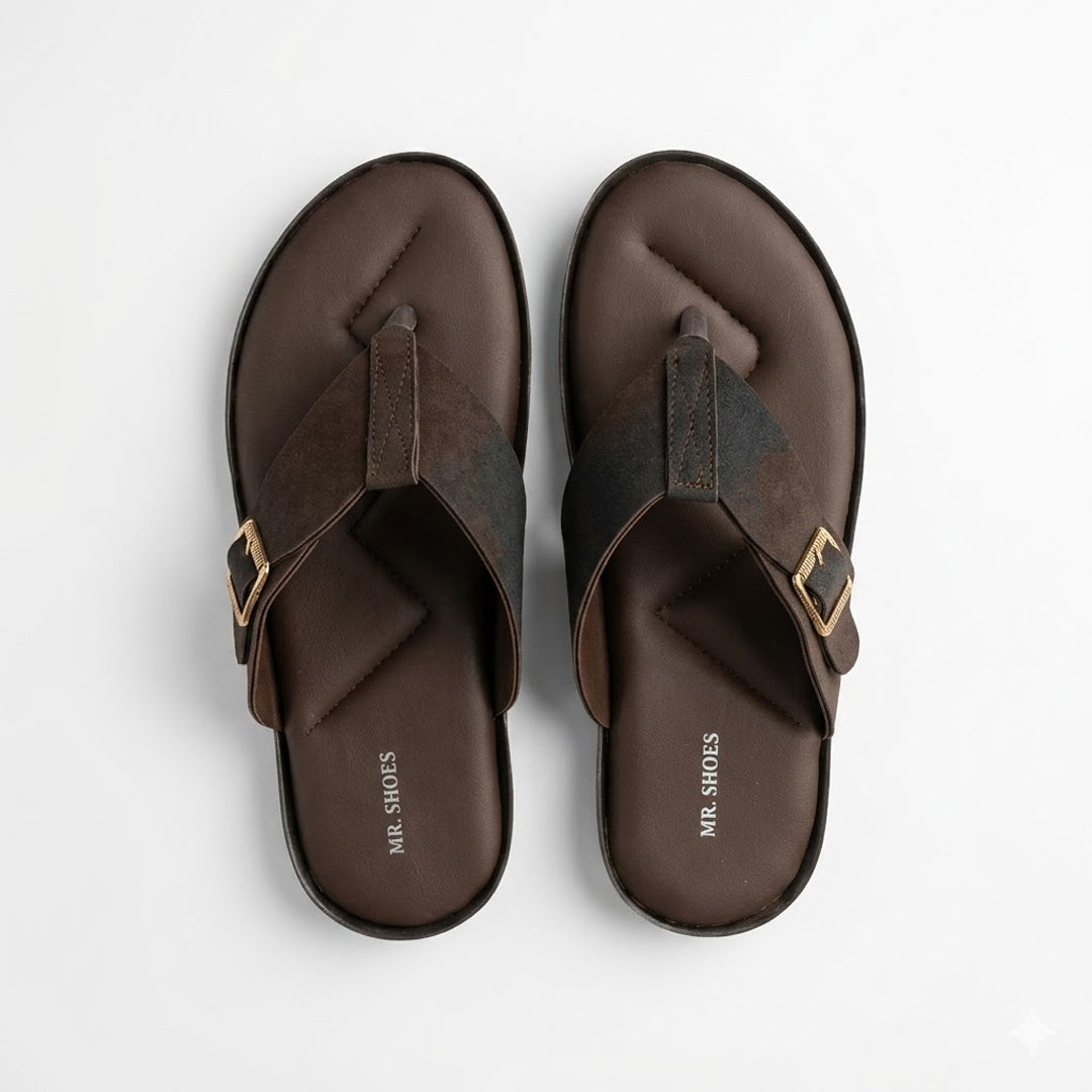 Brown Suede Thong Slippers with Buckle Detail